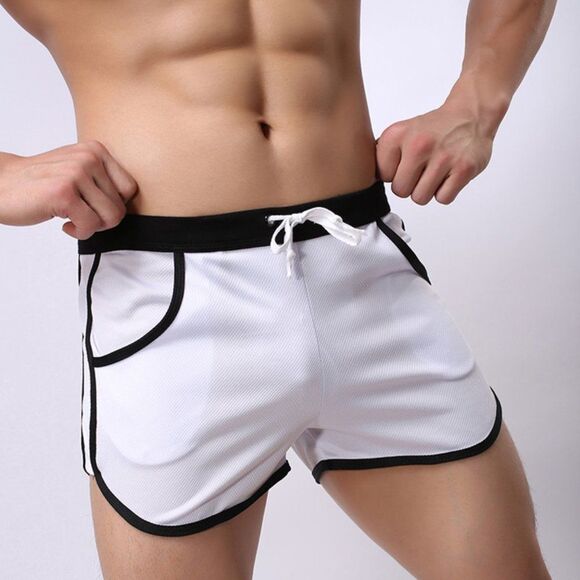 Men's Retro Gym Shorts Trunks with Pouch White - Picture 3 of 4
